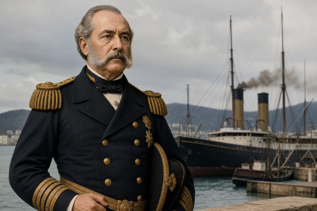 Retrato histórico educativo do Almirante Tamandaré diante de navios a vapor no século XIX.