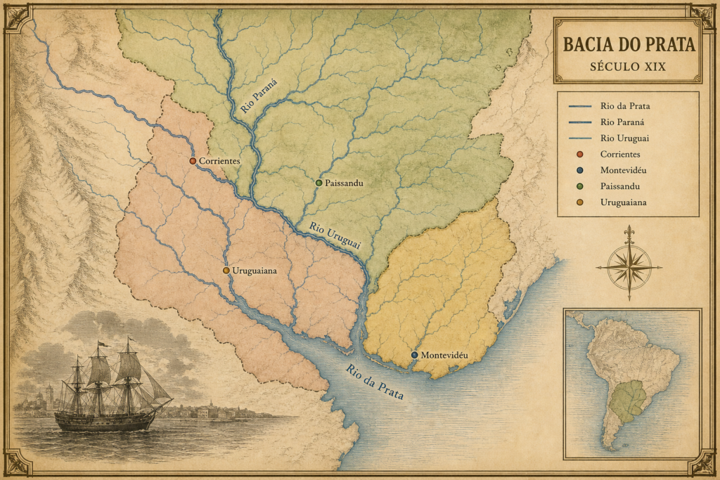 Mapa educativo da bacia do Prata ligada às campanhas navais do Império brasileiro.