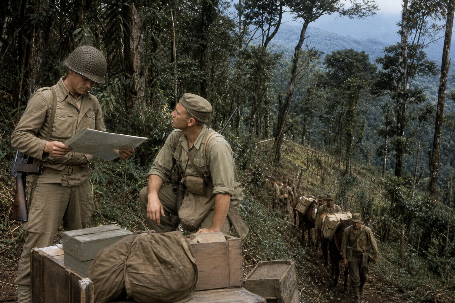 Soldados em trilha de selva durante a campanha de Kohima e Imphal, com suprimentos e mapas