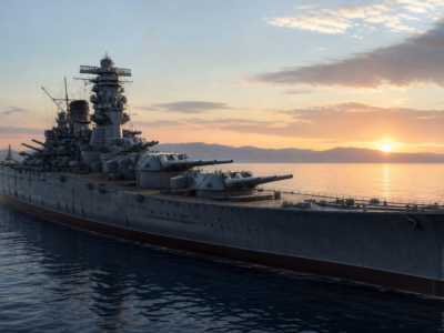 Ilustração educativa do Couraçado Yamato em mar calmo ao amanhecer, com torres principais e superestrutura visíveis.