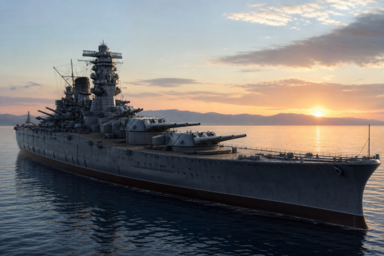 Ilustração educativa do Couraçado Yamato em mar calmo ao amanhecer, com torres principais e superestrutura visíveis.