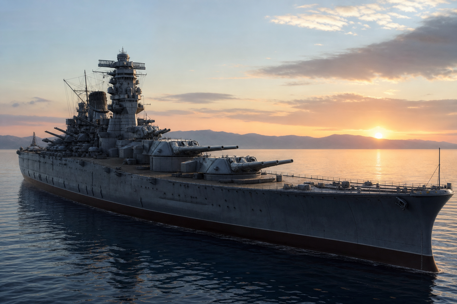 Ilustração educativa do Couraçado Yamato em mar calmo ao amanhecer, com torres principais e superestrutura visíveis.