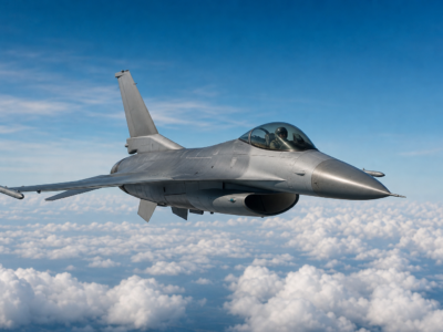 Caça F-16 Fighting Falcon em voo sobre nuvens em imagem educativa sem ação de combate