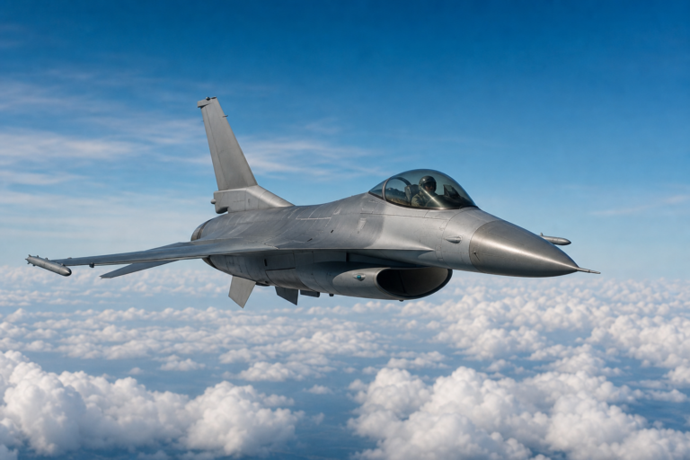 Caça F-16 Fighting Falcon em voo sobre nuvens em imagem educativa sem ação de combate