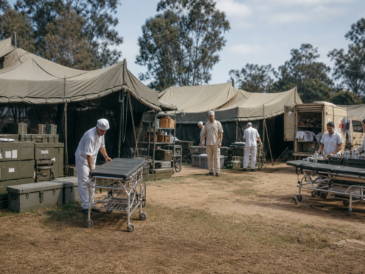 Hospital de campanha organizado com tendas, equipe médica e macas vazias em ambiente controlado.