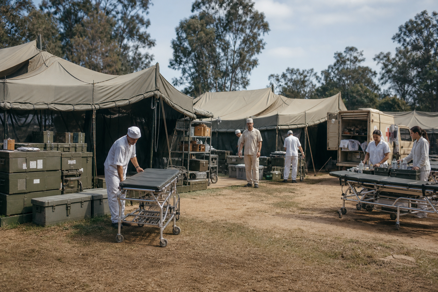 Hospital de campanha organizado com tendas, equipe médica e macas vazias em ambiente controlado.