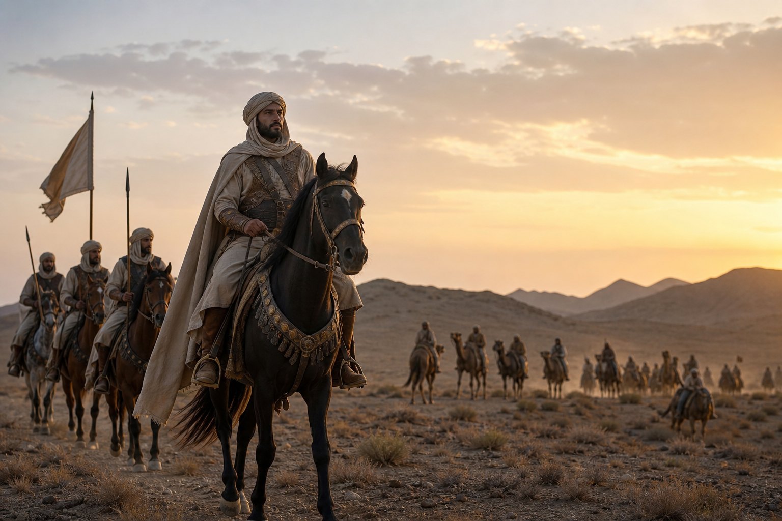 Cavalaria árabe do século VII em marcha no deserto, evocando as campanhas de Khalid ibn al-Walid