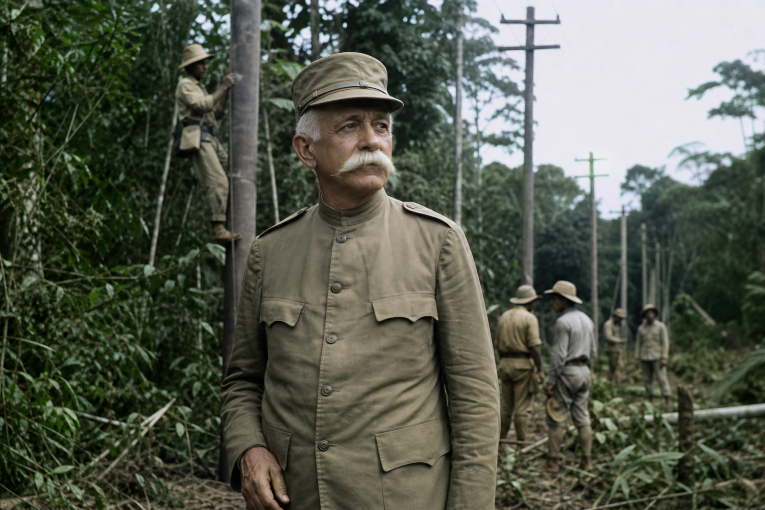 Marechal Rondon em representação histórica durante expedição telegráfica no interior do Brasil