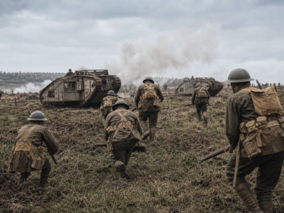 Soldados aliados avançam com tanques antigos durante a Ofensiva dos Cem Dias em 1918