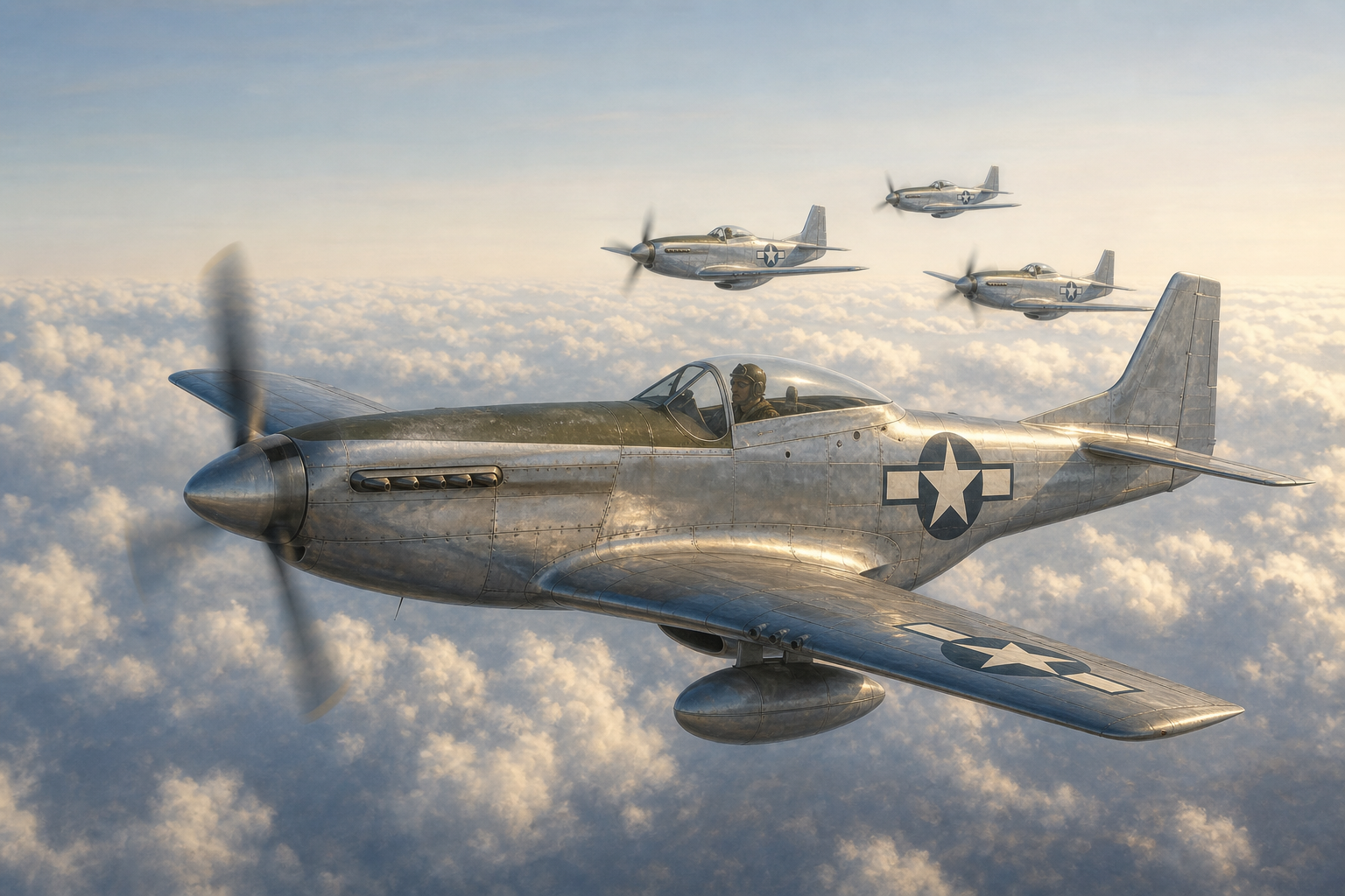 P-51 Mustang prateado em voo de escolta sobre nuvens durante a Segunda Guerra Mundial