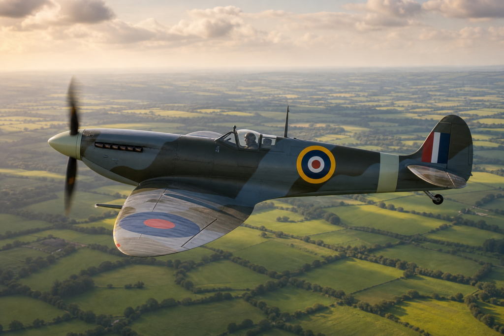Supermarine Spitfire em voo sobre campos verdes britânicos em ilustração histórica educativa