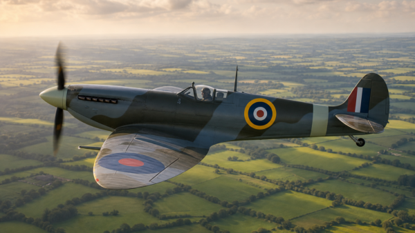 Supermarine Spitfire em voo sobre campos verdes britânicos em ilustração histórica educativa