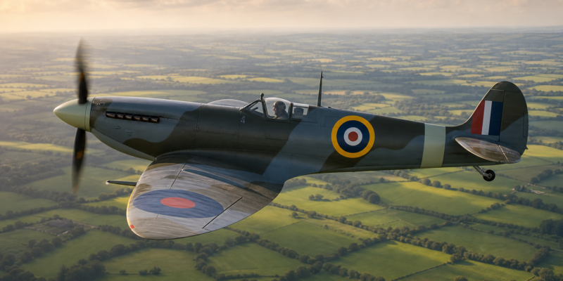 Supermarine Spitfire em voo sobre campos verdes britânicos em ilustração histórica educativa