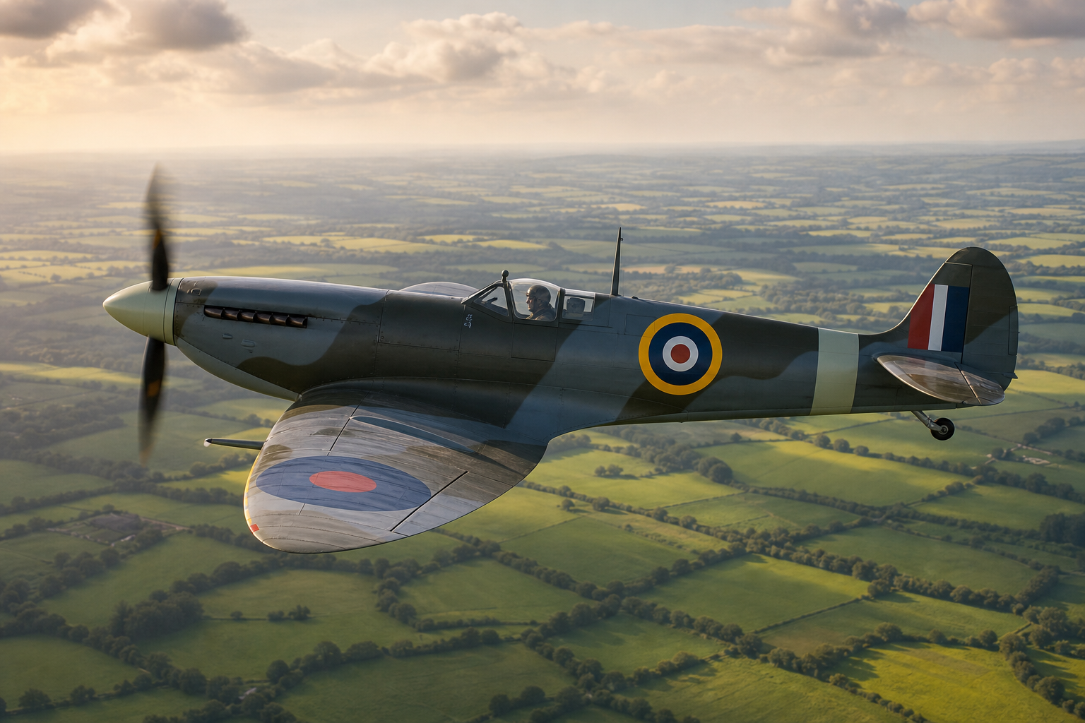Supermarine Spitfire em voo sobre campos verdes britânicos em ilustração histórica educativa