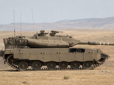 Tanque Merkava israelense visto de perfil em terreno árido durante exercício militar sem combate