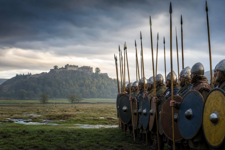 Lanceiros escoceses em formação compacta em terreno úmido durante a Batalha de Bannockburn, com castelo distante ao fundo.