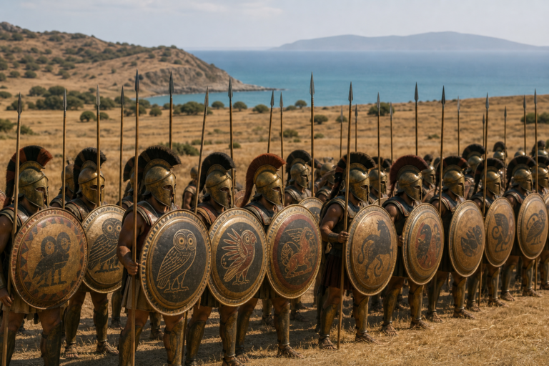 Hoplitas gregos em formação na planície de Maratona com colinas e mar ao fundo