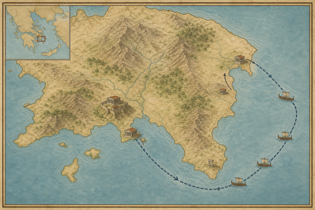 Mapa da Ática com Atenas, Maratona, Eretria, cabo Súnio e rota persa em 490 a.C.