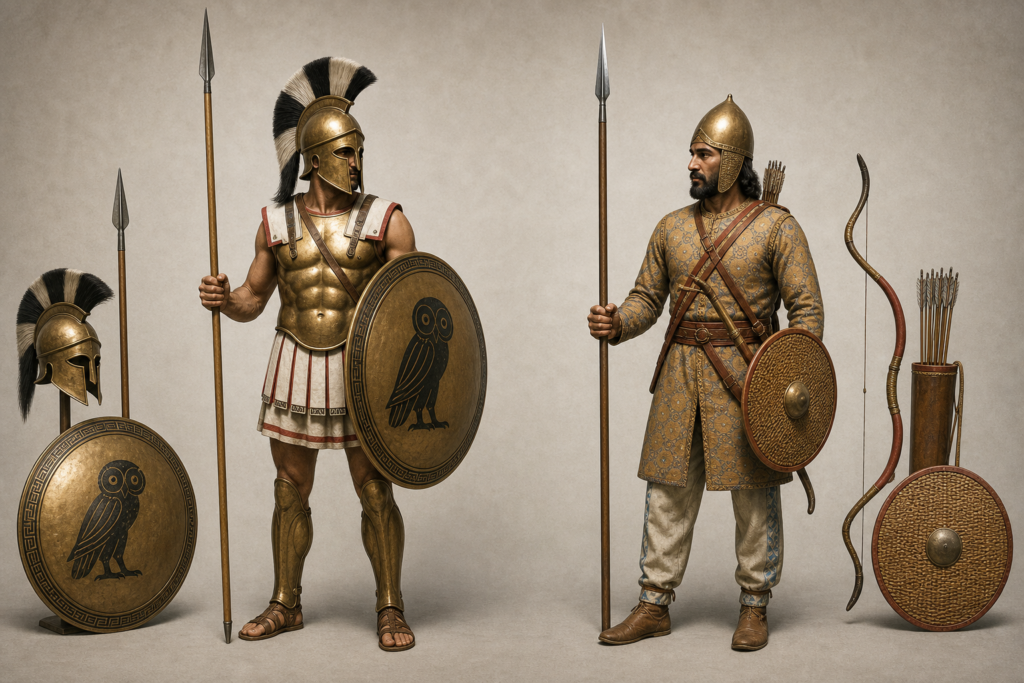 Comparação entre equipamento de hoplita grego e soldado persa aquemênida