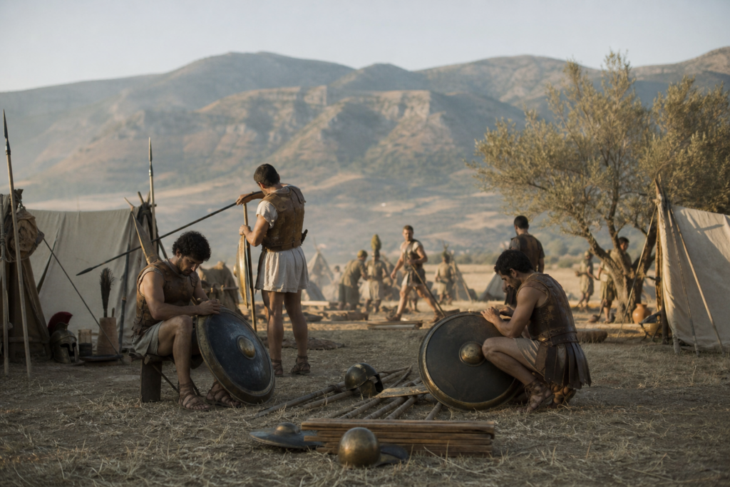 Acampamento grego antes da Batalha de Plateia, com hoplitas, escudos e montanhas ao fundo