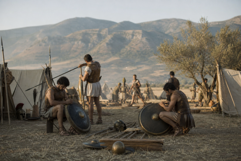 Acampamento grego antes da Batalha de Plateia, com hoplitas, escudos e montanhas ao fundo
