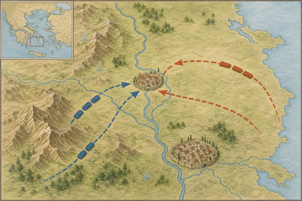 Mapa da região da Batalha de Plateia com rio Asopo, monte Citerão, Plateia e Tebas
