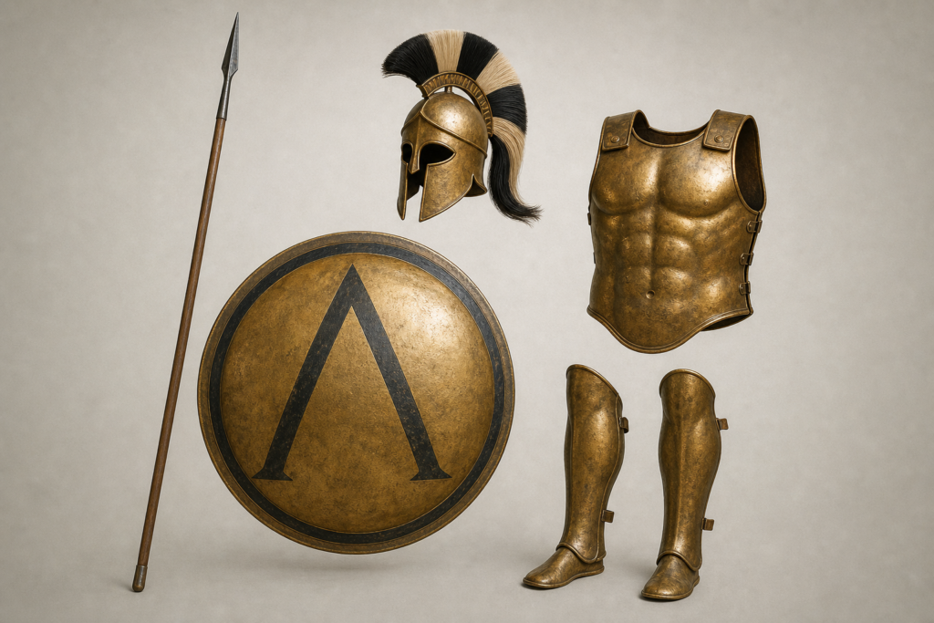 Equipamento de hoplita grego com escudo, lança, capacete e couraça