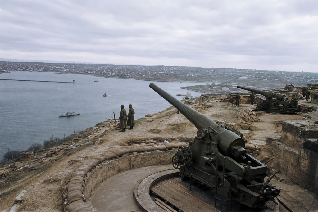 Fortificações costeiras de Sevastopol com canhões e o Mar Negro ao fundo durante a Segunda Guerra Mundial.