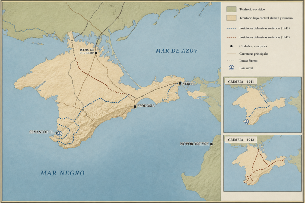 Mapa da Crimeia mostrando Sevastopol, Kerch, Perekop e rotas do Mar Negro em 1941 e 1942.