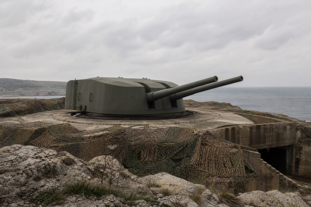 Bateria costeira soviética de 305 mm semelhante às posições Maxim Gorky em Sevastopol.