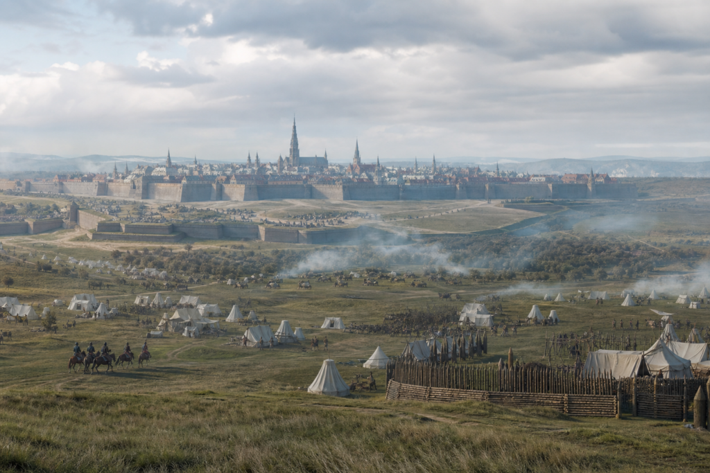 Vista histórica de Viena em 1683 com muralhas, acampamentos militares e cavalaria ao longe, sem violência gráfica.