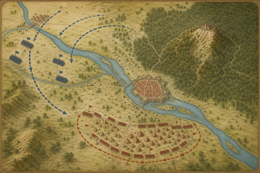 Mapa do Cerco de Viena de 1683 com Danúbio, Kahlenberg, Tulln e rotas da coalizão.