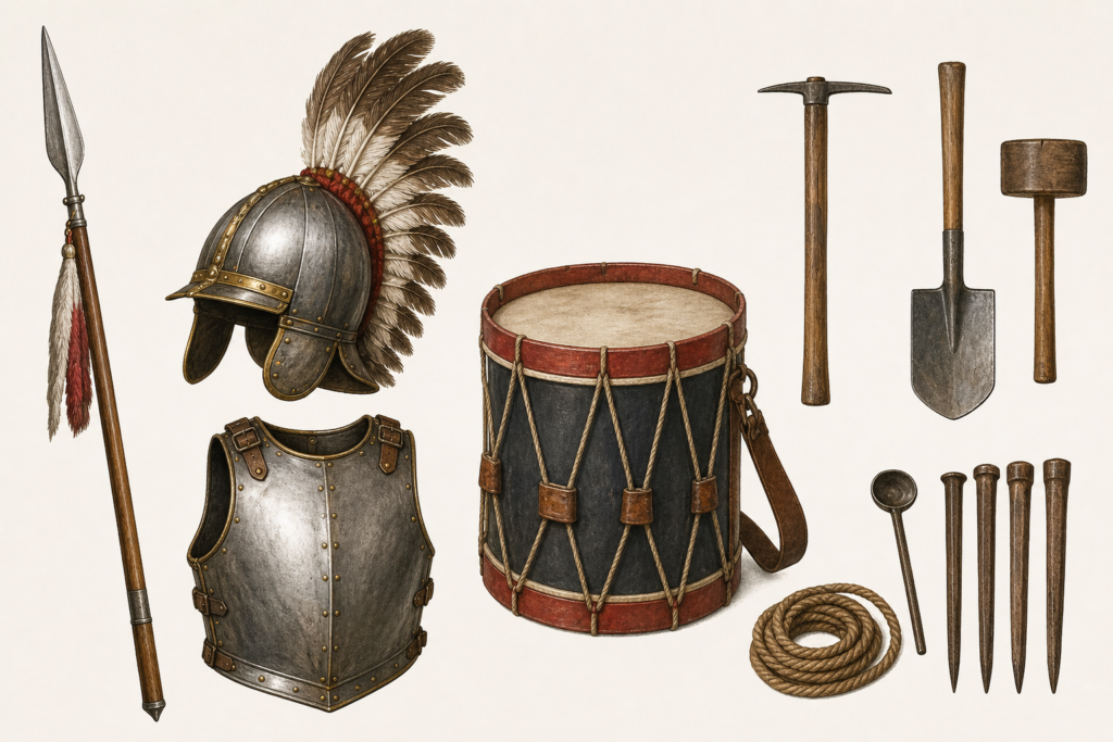Equipamentos militares do século XVII associados ao Cerco de Viena de 1683, incluindo lança de hussardo e ferramentas de cerco.