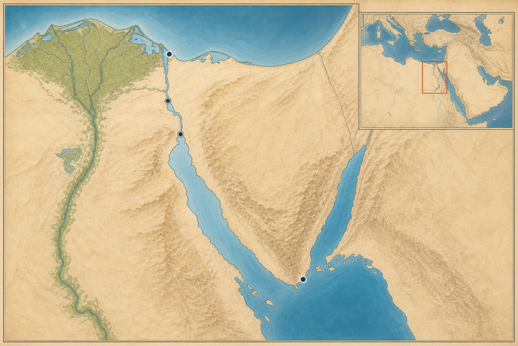 Mapa do Egito e do Sinai durante a Crise de Suez de 1956.