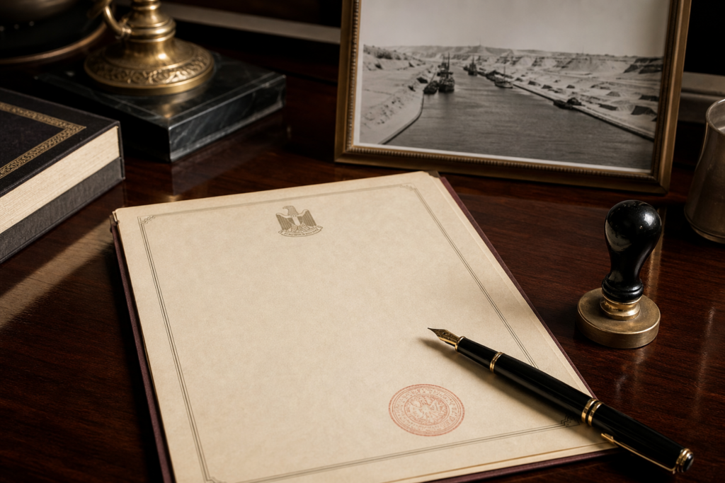 Representação documental do decreto de nacionalização do Canal de Suez em 1956.