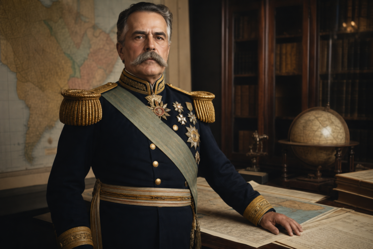 Representação educativa do Duque de Caxias em uniforme do século XIX diante de mapas do Império do Brasil.