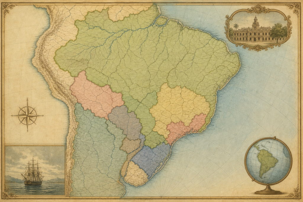 Mapa educativo com regiões ligadas às campanhas militares de Caxias no século XIX.