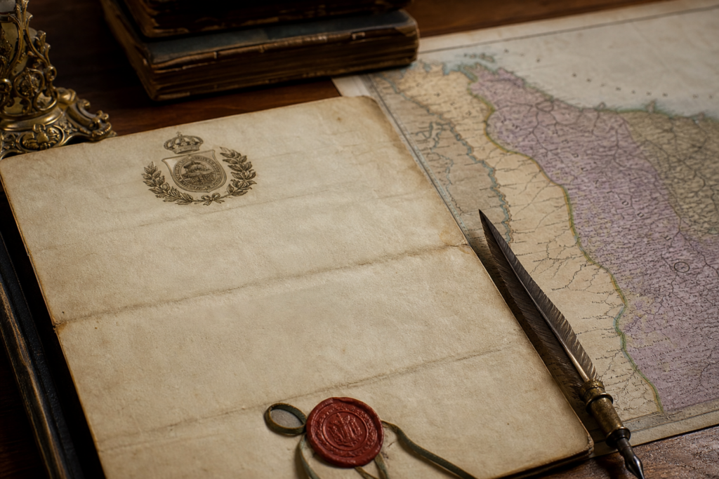 Documento imperial sobre mesa de arquivo representando o contexto da Balaiada no Maranhão.