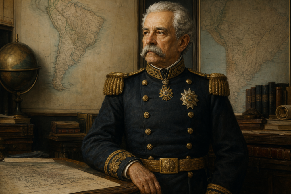 Retrato educativo de comandante imperial associado à Guerra do Paraguai em ambiente de arquivo.