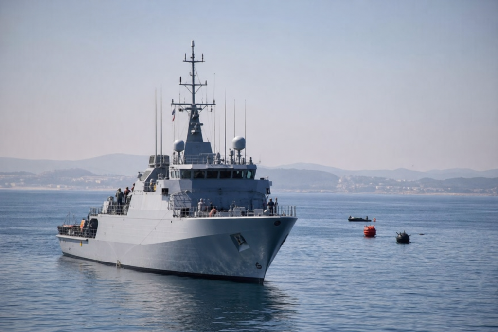 Navio caça-minas moderno em exercício de segurança marítima em águas calmas.