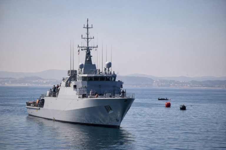 Navio caça-minas moderno em exercício de segurança marítima em águas calmas.