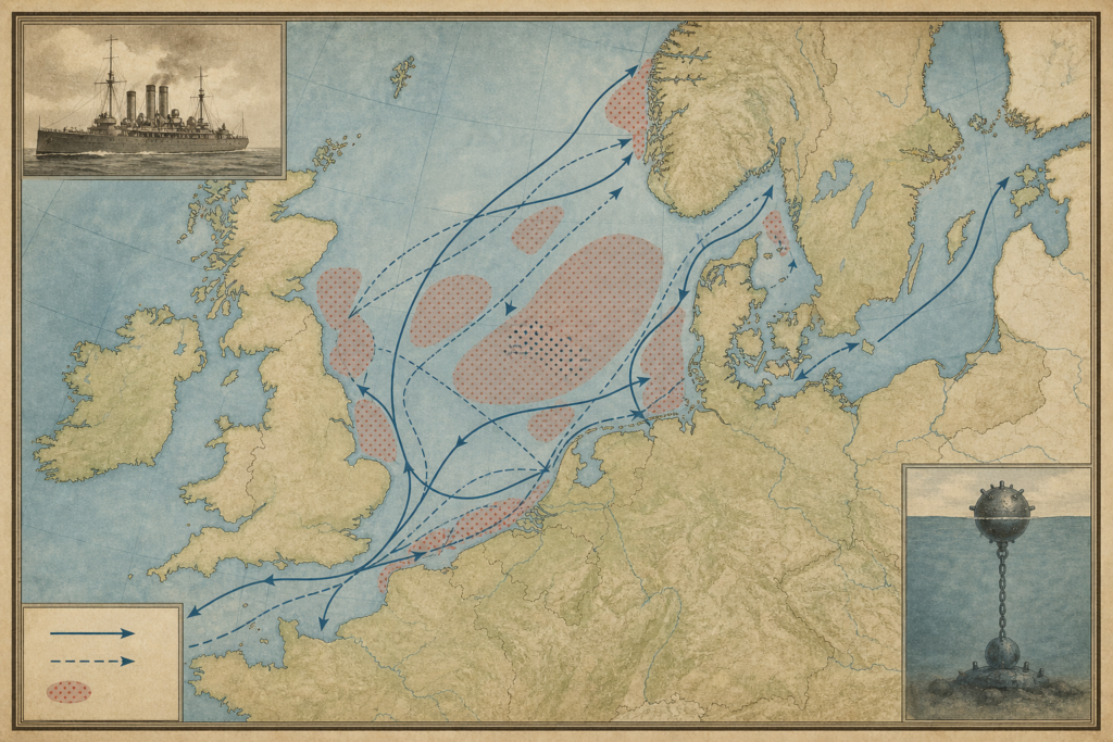 Mapa educativo do Mar do Norte com áreas históricas de risco de minas na Primeira Guerra Mundial.