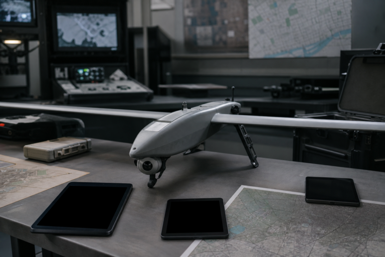 Drone militar pequeno de reconhecimento sobre bancada técnica com tablets e mapas genéricos.