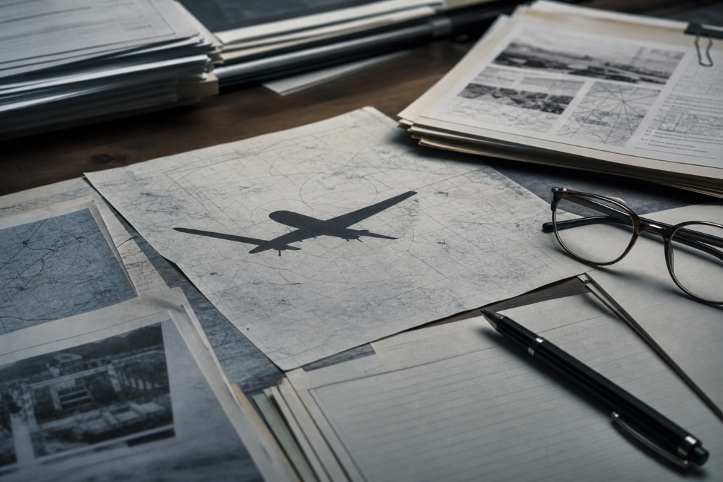 Documentos genéricos sobre direito humanitário e silhueta abstrata de drone em uma mesa.