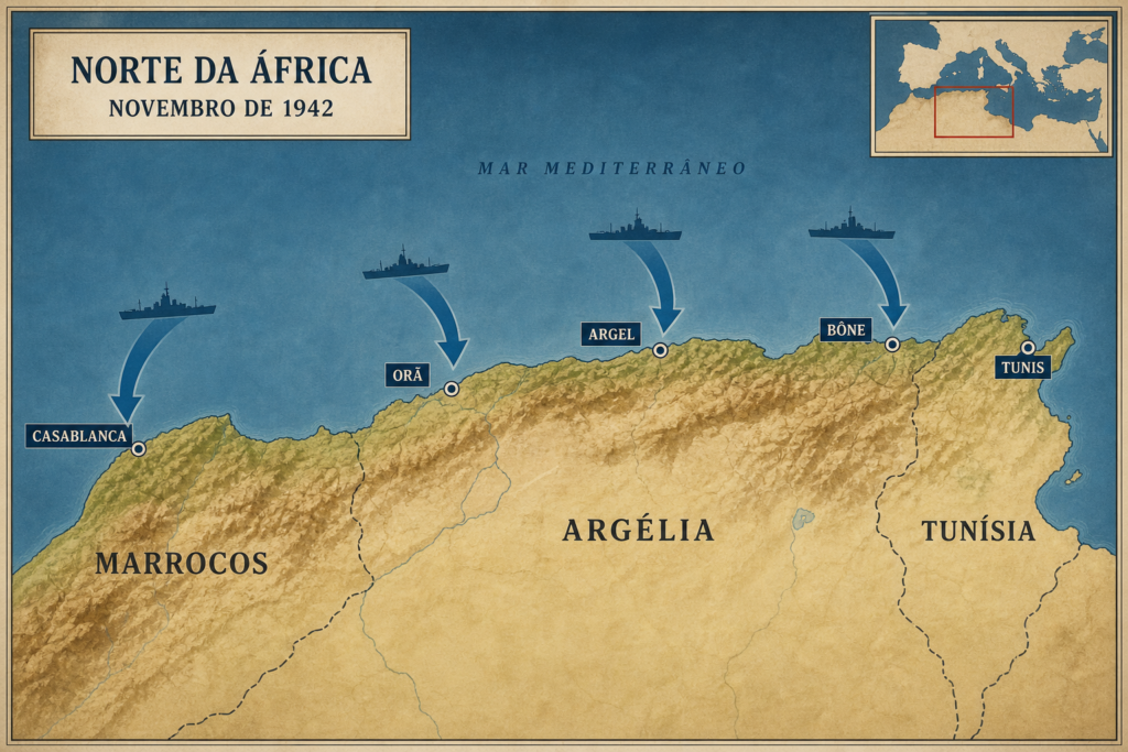 Mapa dos principais desembarques da Operação Torch no Marrocos e na Argélia