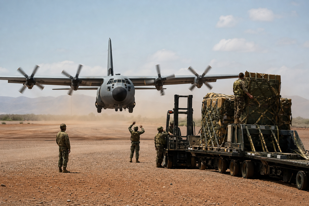 C-130 Hercules pousando em pista remota durante missão logística com carga paletizada ao lado