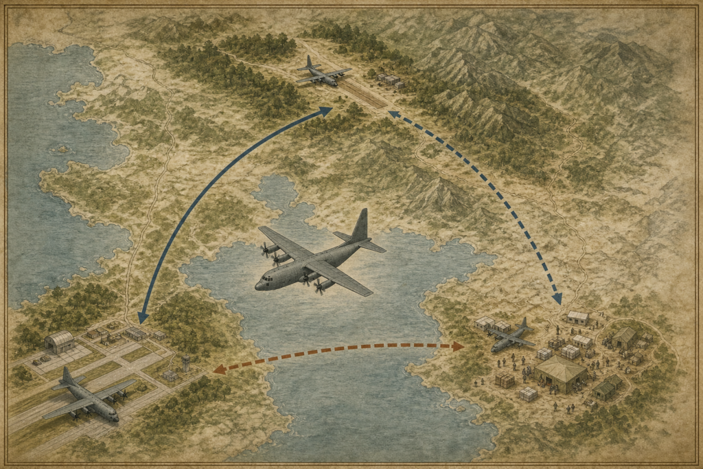 Mapa conceitual de rotas logísticas do C-130 Hercules entre base, pista avançada e área de ajuda