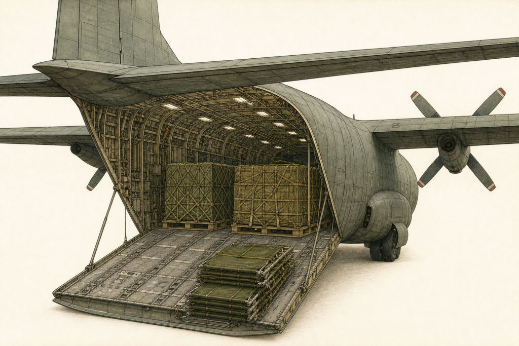 Compartimento de carga do C-130 Hercules com paletes e rampa traseira aberta