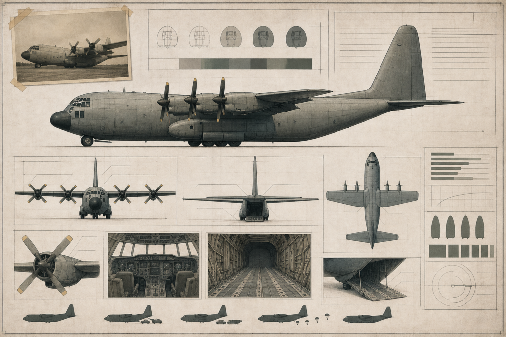 Ficha técnica visual do C-130 Hercules com silhueta lateral e quatro motores turboélice