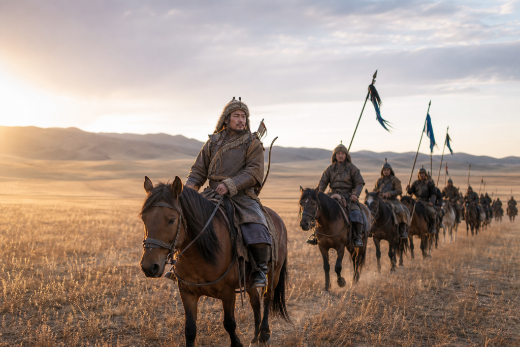 Cavalaria mongol em formação atravessando a estepe ao amanhecer